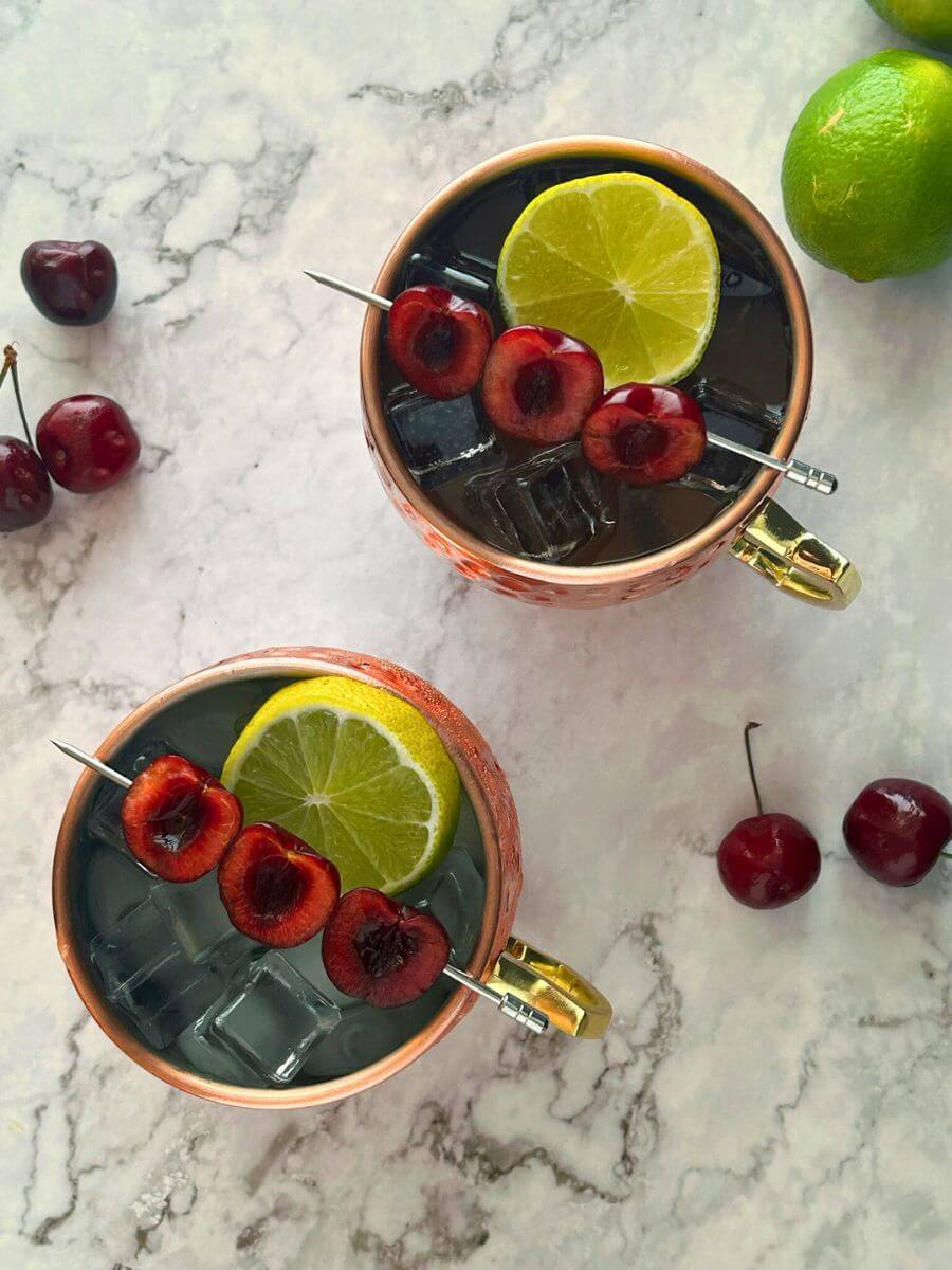 Top down view of two tart cherry mules