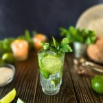 A fauxjito made with mint, sugar, lime and coconut water