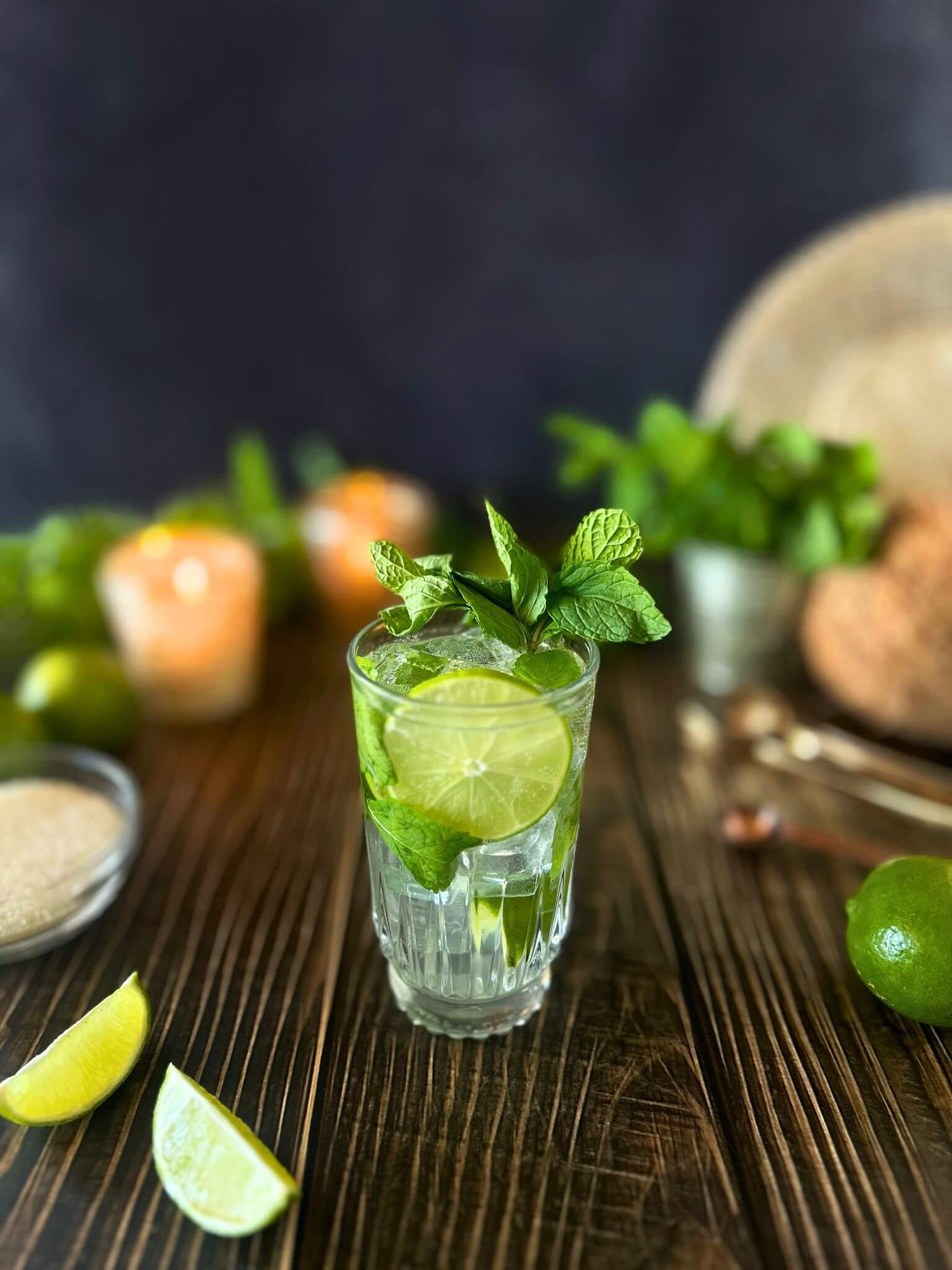 A fauxjito made with mint, sugar, lime and coconut water